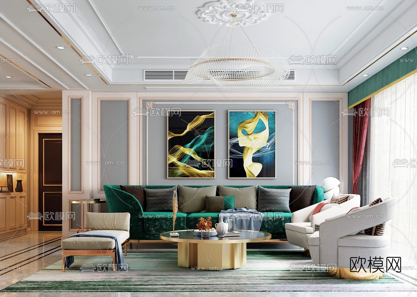 简欧轻奢沙发组合3d模型下载（渲染图1）