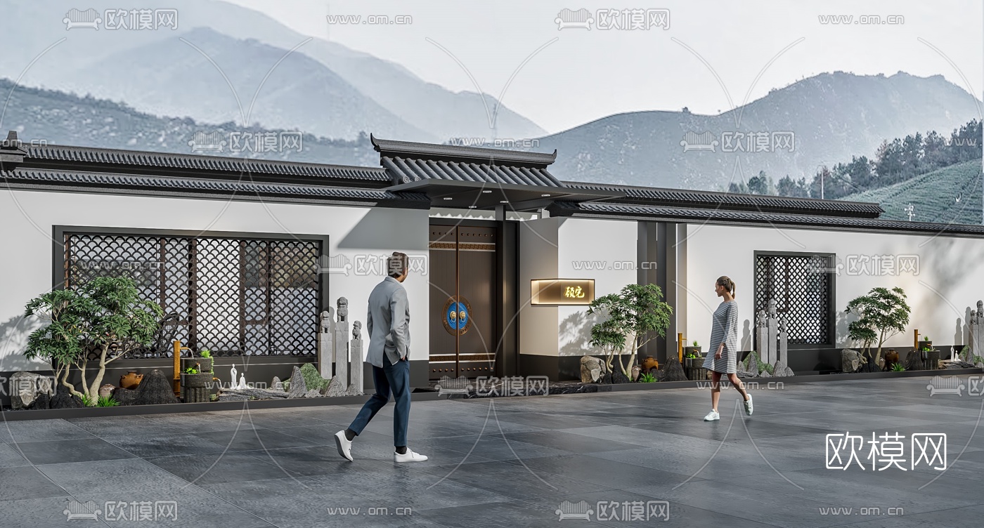 新中式酒店会所中庭过道3d模型