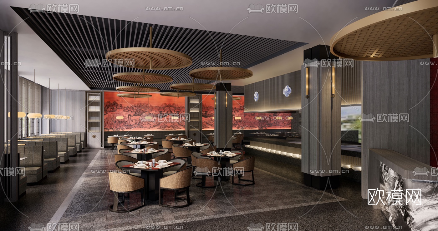 新中式餐厅su模型下载（渲染图1）