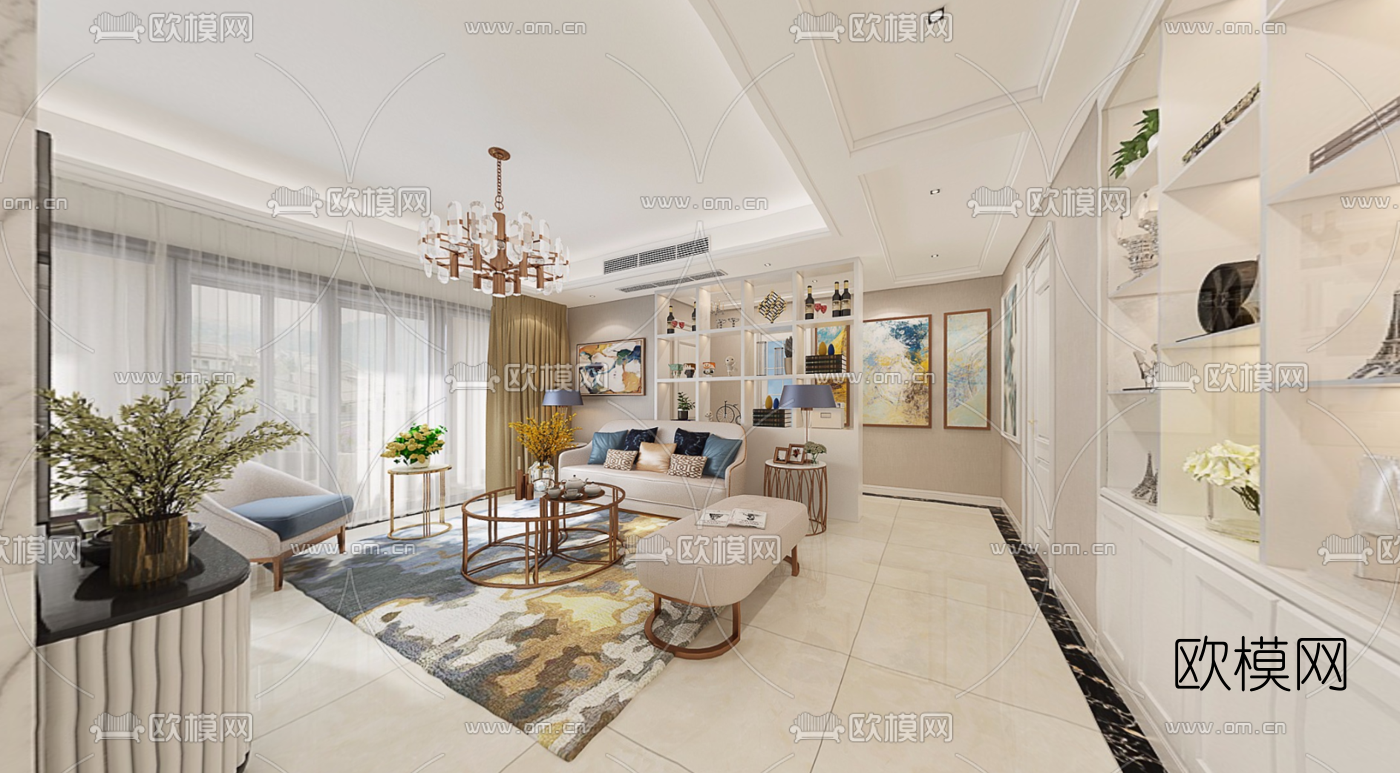 简欧客厅餐厅全景3D模型-免费3dmax模型库-欧模网