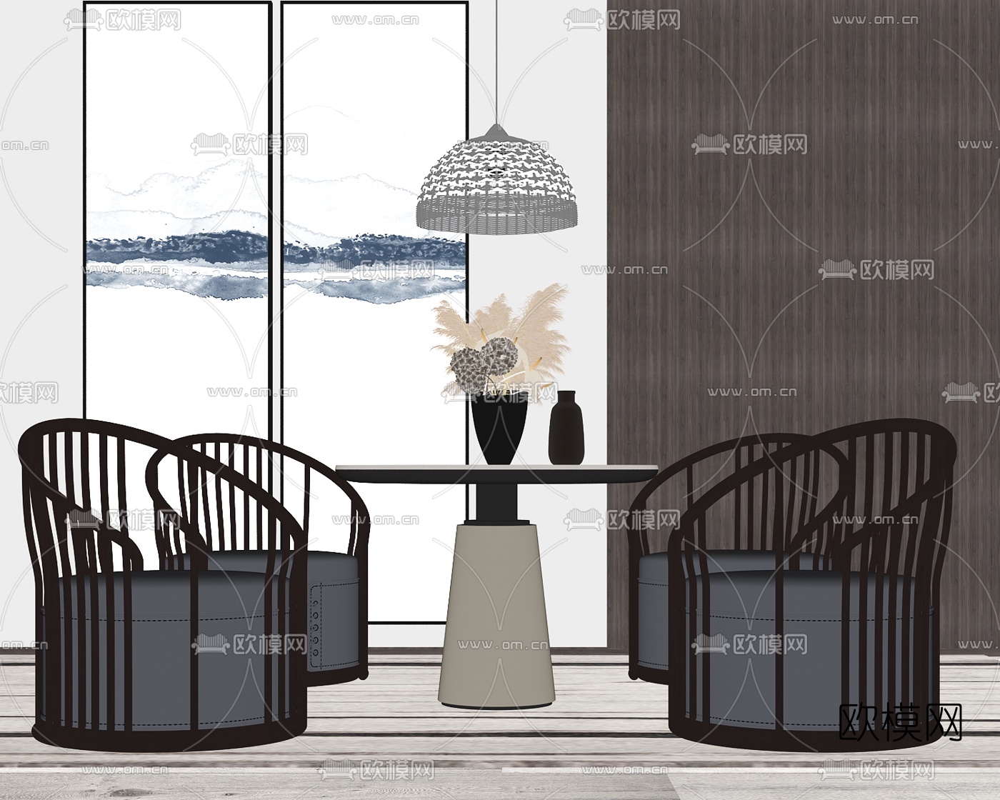 新中式轻奢休闲桌椅su模型下载（渲染图2）