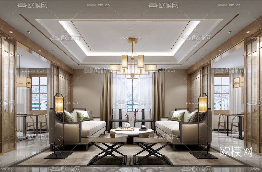中式会客厅3D模型-免费3dmax模型库-欧模网