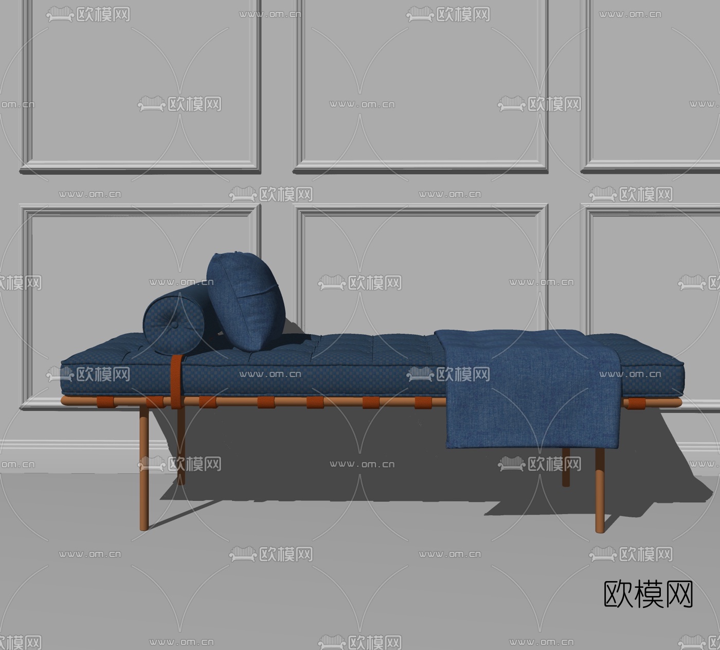 新中式皮革床尾凳脚踏su模型下载