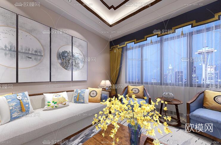 新中式客厅餐厅玄关全景3D模型