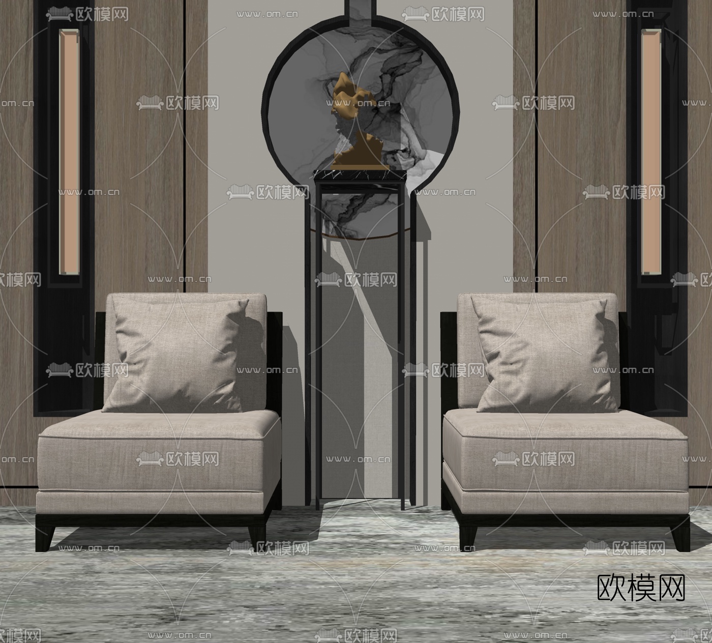 新中式布艺单人沙发su模型下载