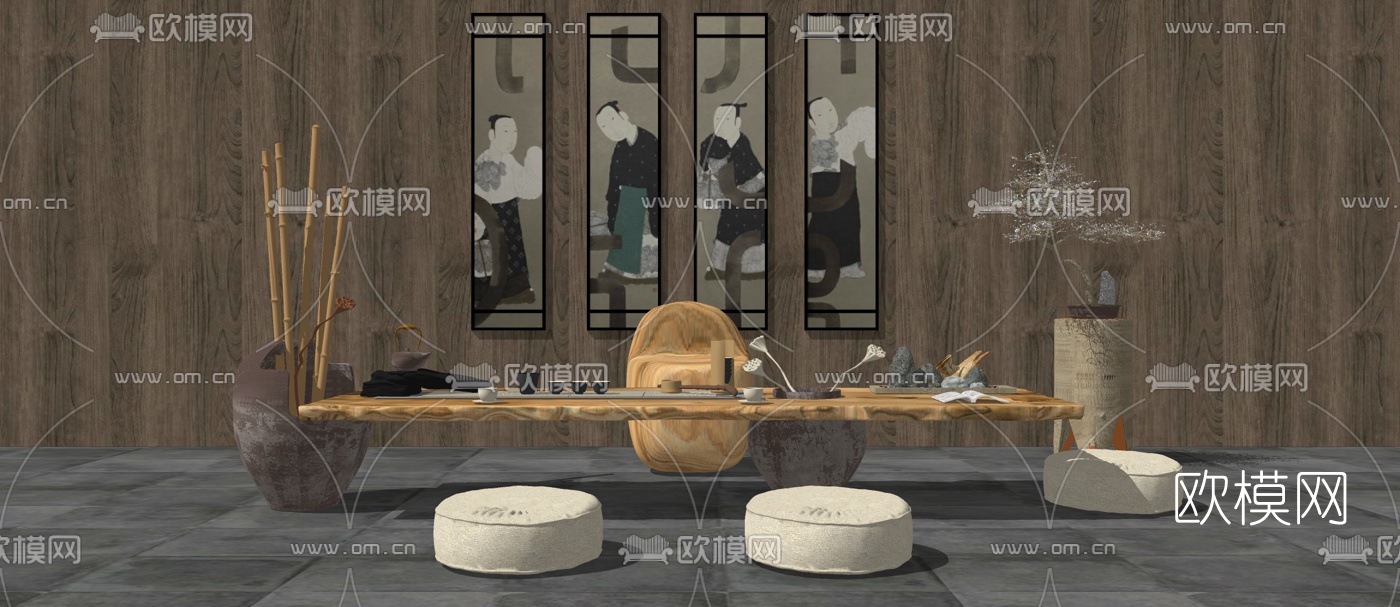 中式实木茶桌椅组合su模型下载（渲染图1）