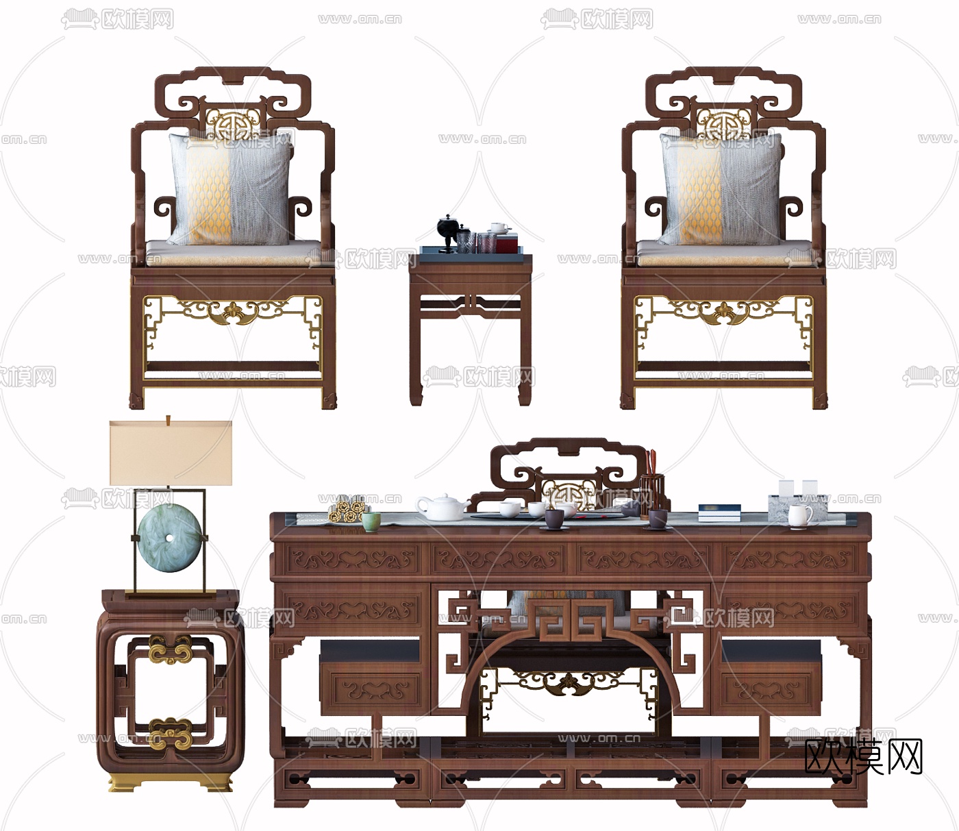 新中式书椅组合3d模型下载