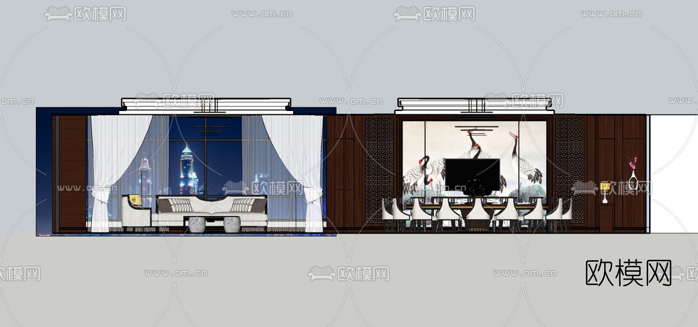新中式餐厅包房su模型下载（渲染图1）
