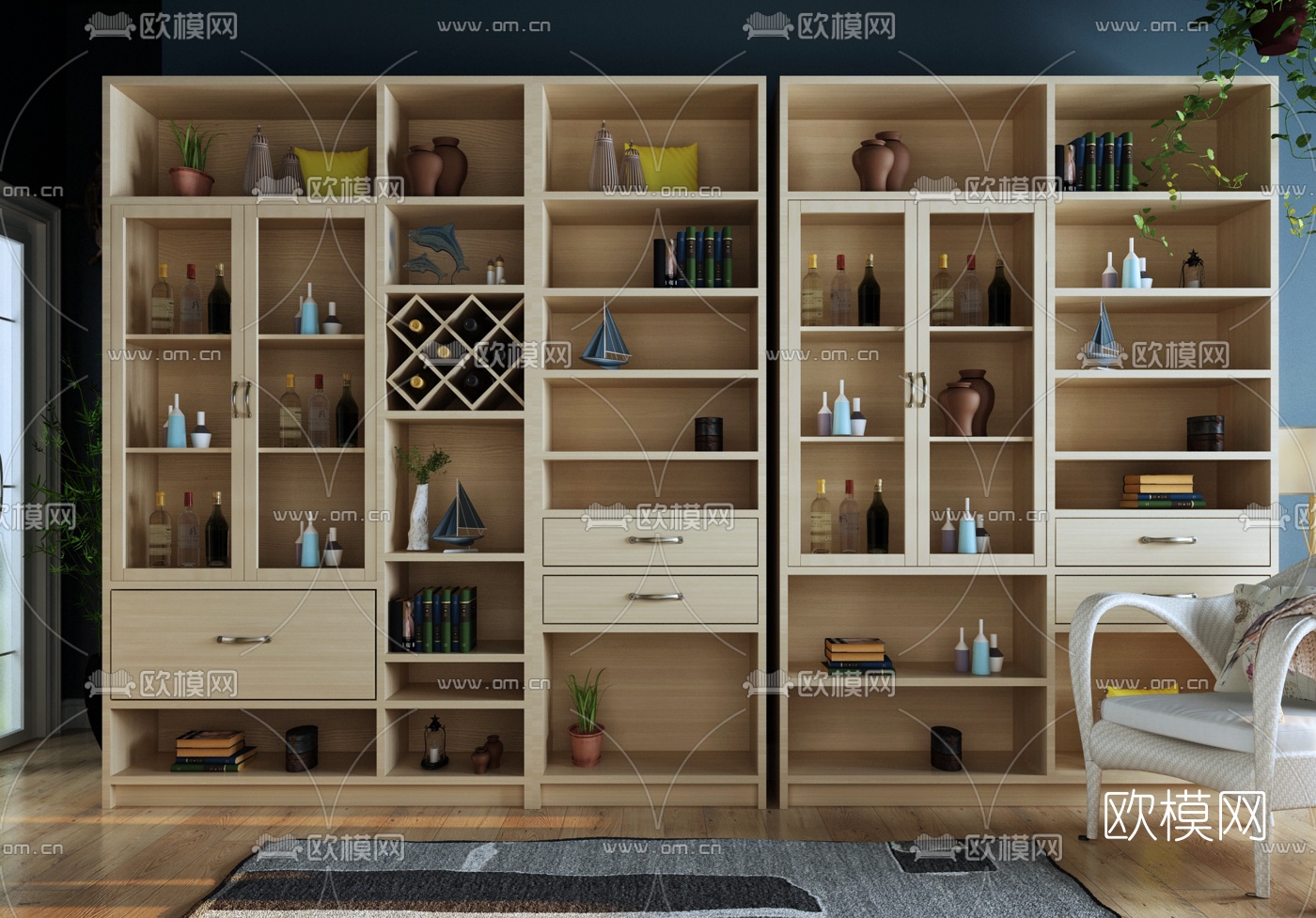 现代酒柜装饰柜单椅组合3D模型