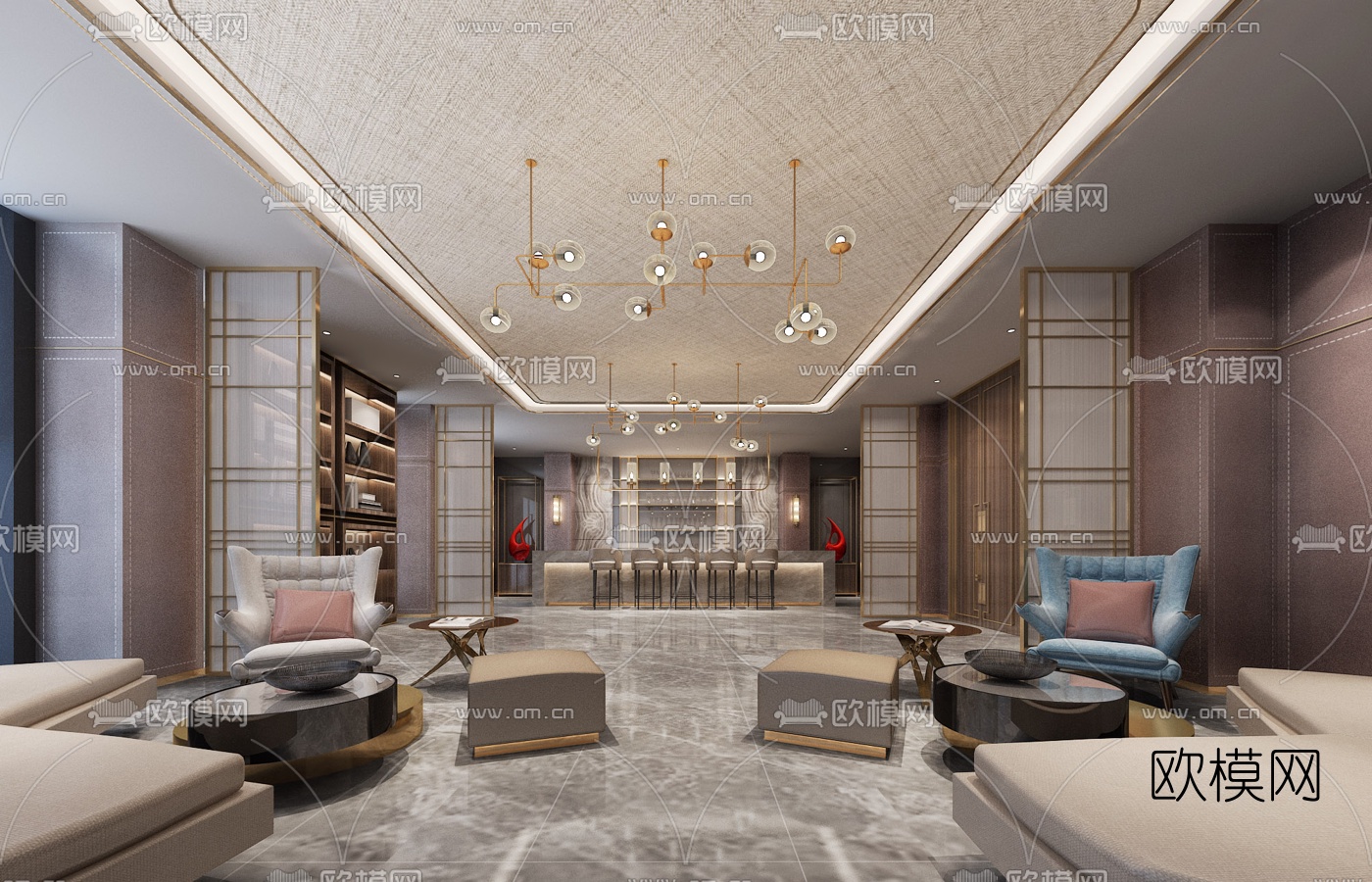 现代轻奢酒店会所大堂吧3d模型-免费3dmax模型库-欧模网