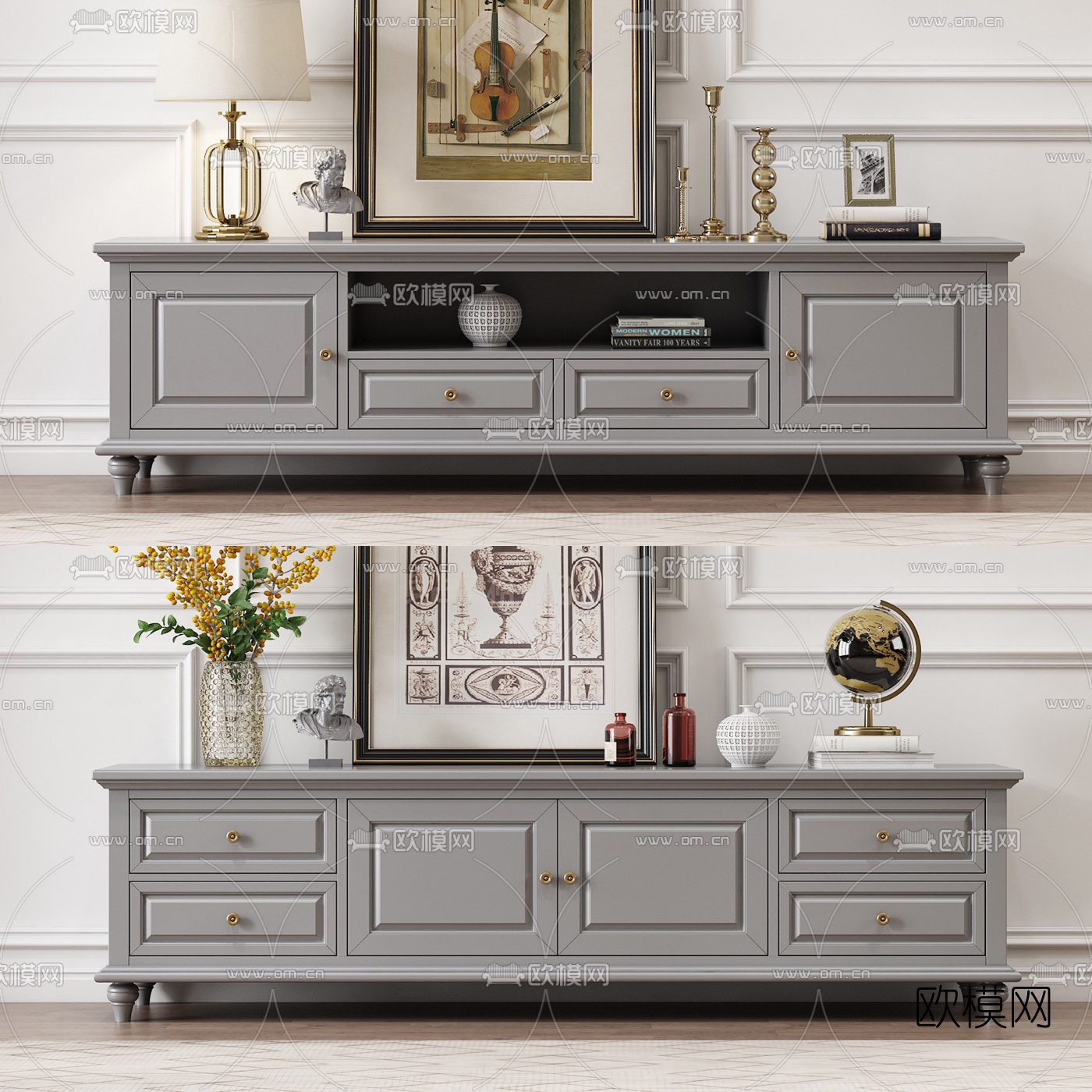 美式轻奢电视柜3d模型下载（渲染图1）