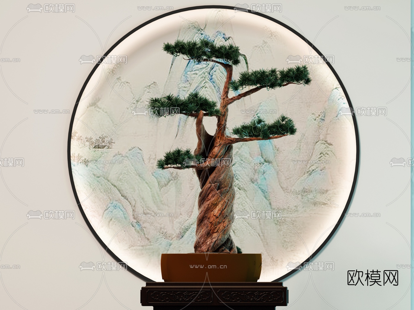 新中式松树盆景摆件3d模型下载（渲染图1）