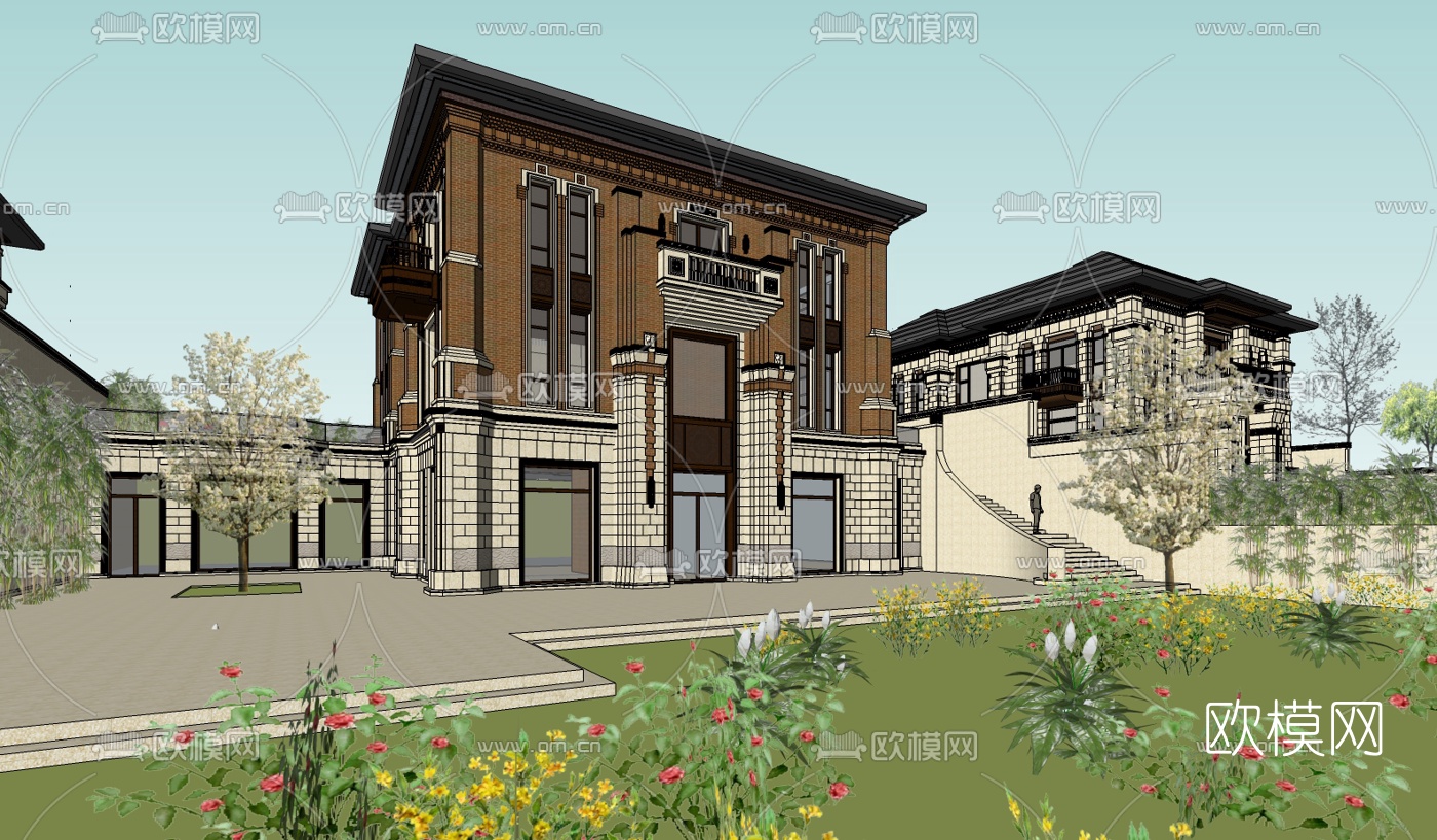 欧式独栋别墅su模型下载（渲染图3）