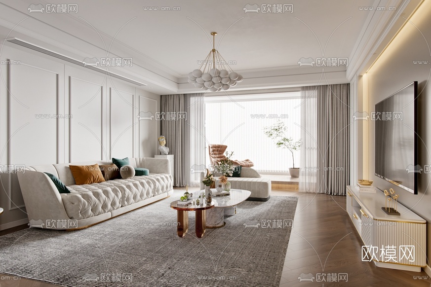 简欧轻奢客厅3d模型下载(渲染图2)