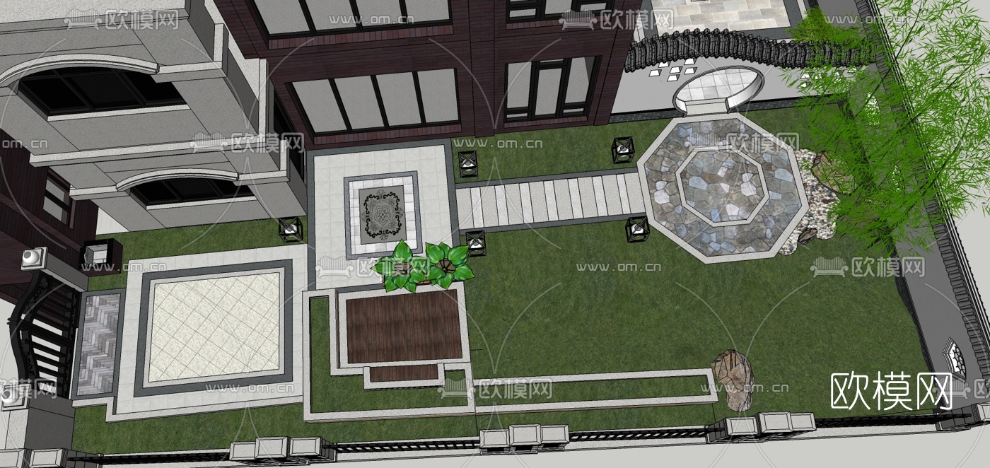 新中式庭院花园设计su模型下载（渲染图10）