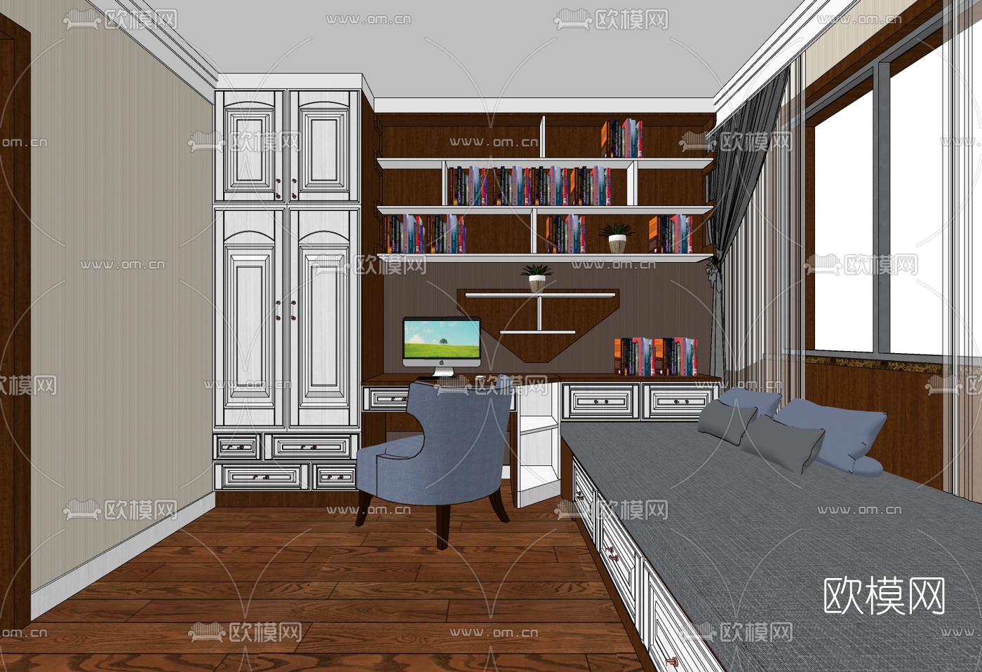 欧式榻榻米书房su模型下载