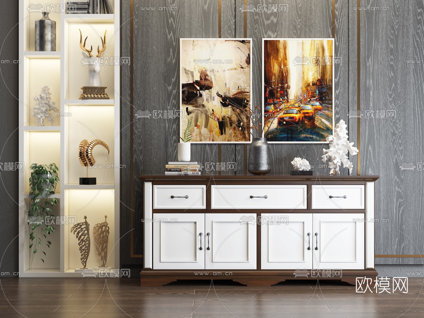 美式实木边柜3d模型下载（渲染图1）