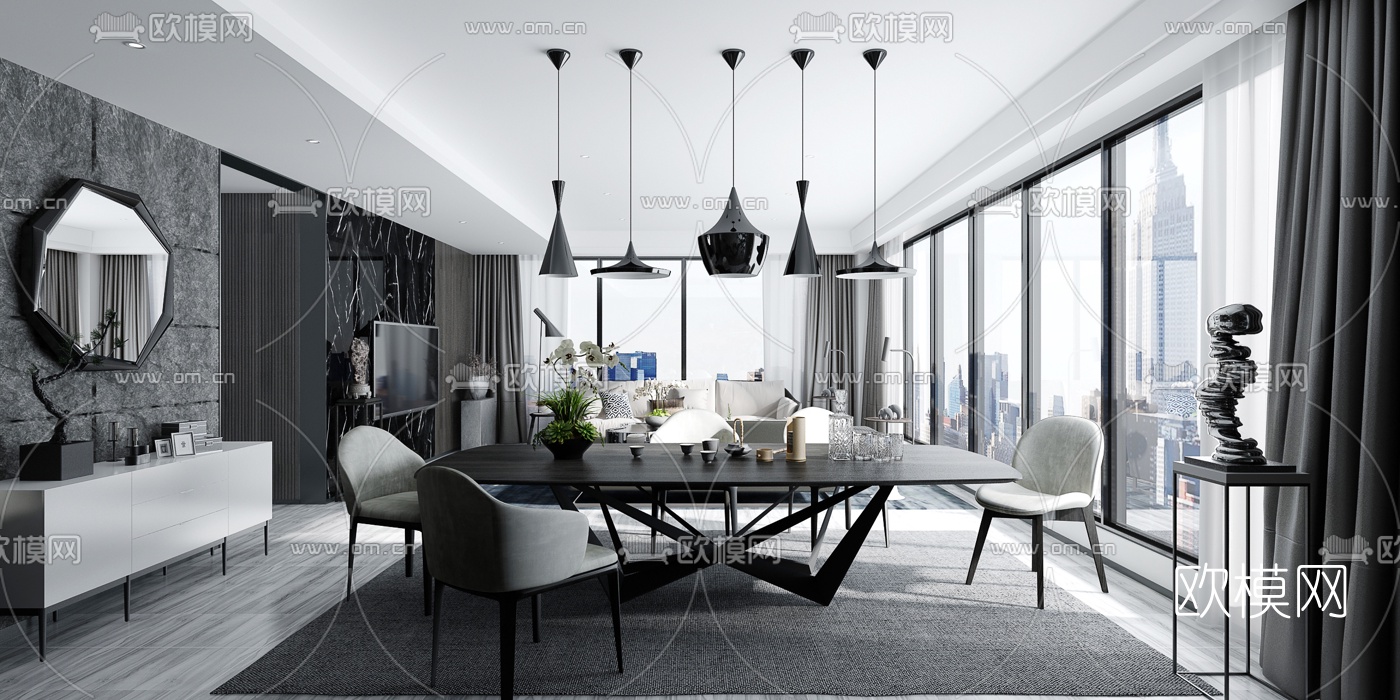 现代高级灰客厅餐厅3d模型下载（渲染图2）