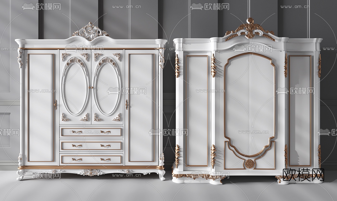 欧式白色雕花衣柜组合3D模型下载