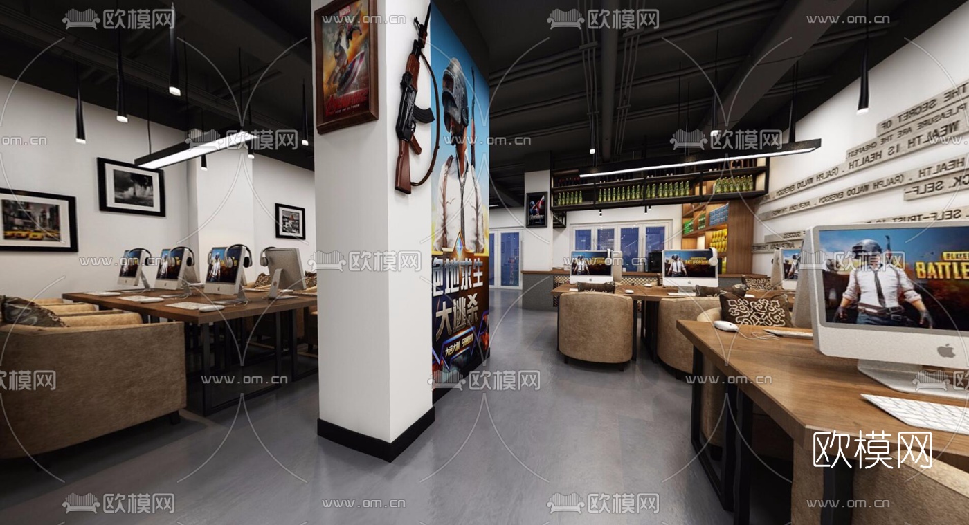 工业风网吧全景3D模型