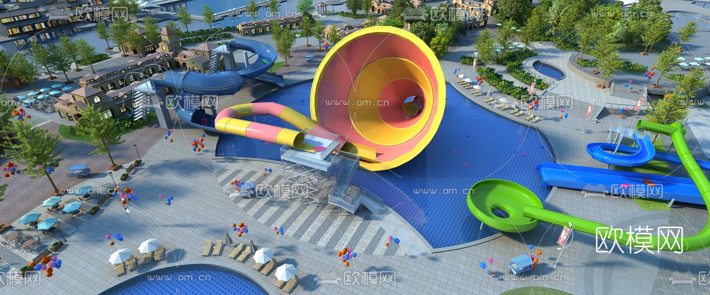 现代水上游乐场鸟瞰3d模型下载