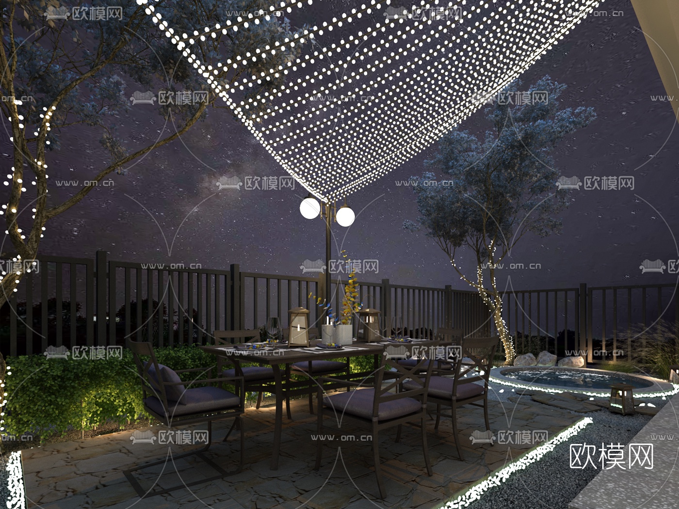 现代庭院花园夜景3d模型