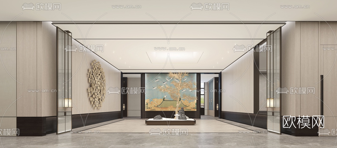 新中式酒店会所中庭过厅3d模型