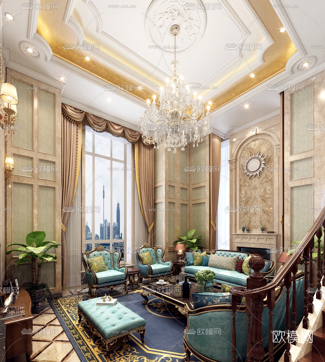 欧式别墅客厅餐厅3D模型下载（渲染图3）