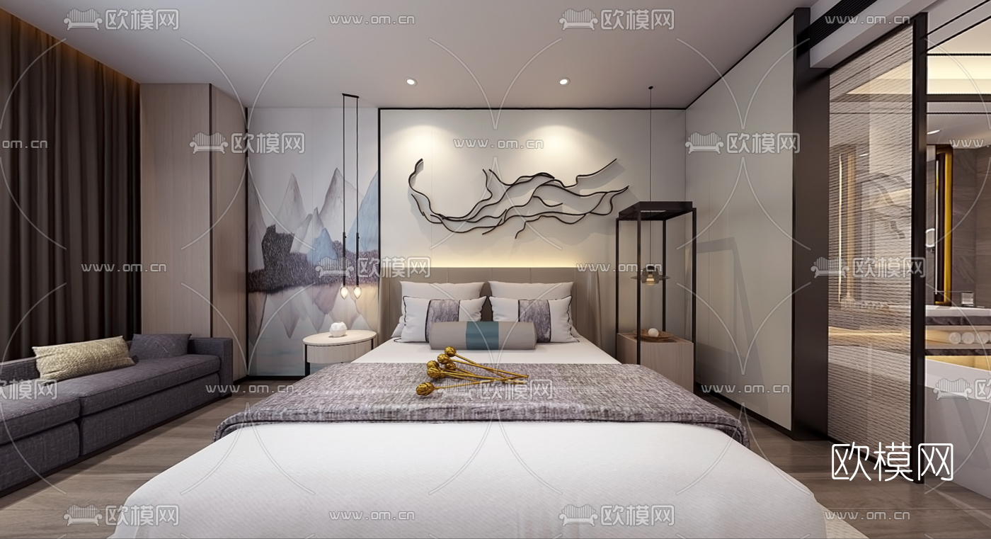 新中式酒店客房全景3d模型