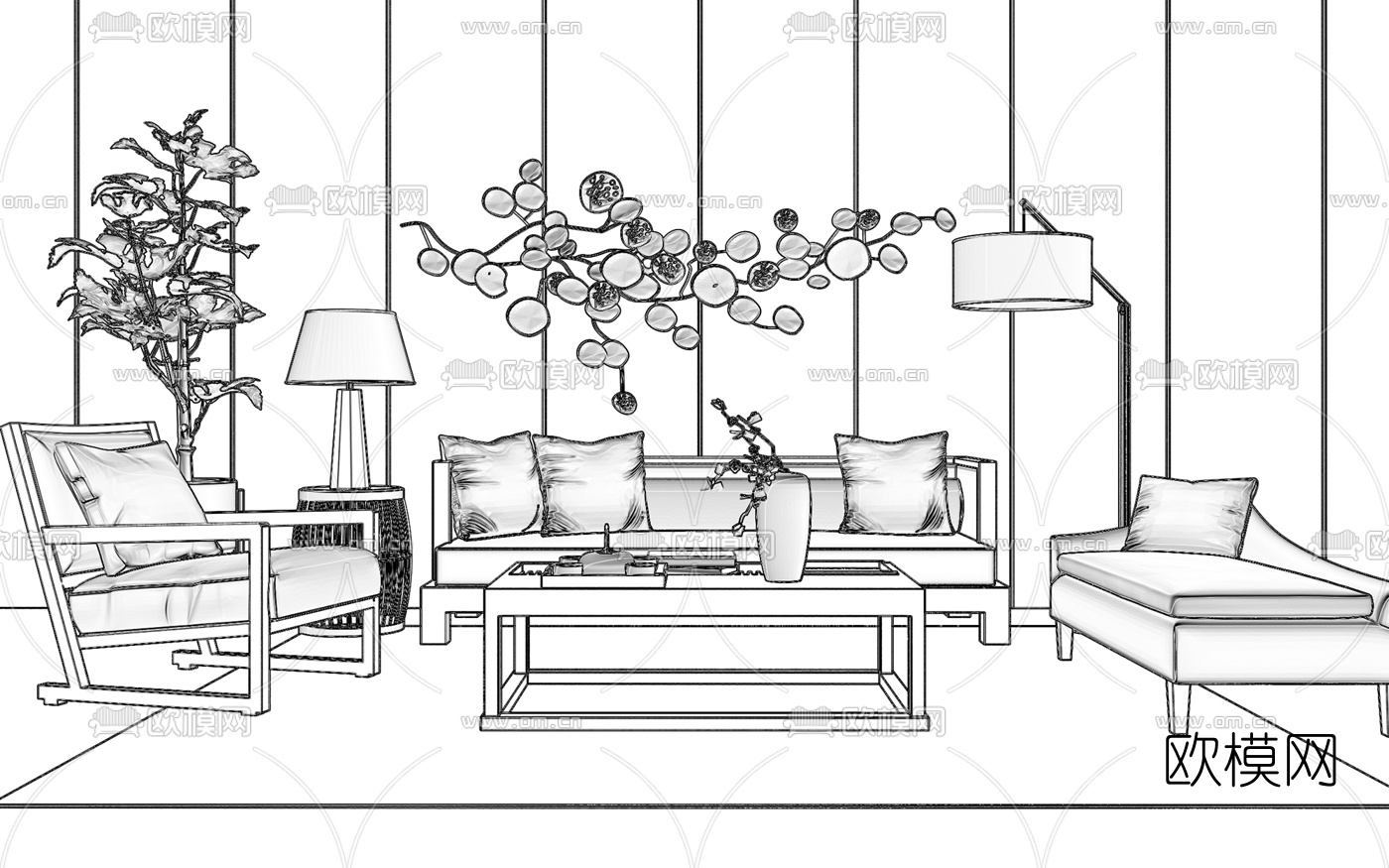 中式实木沙发茶几盆栽组合3D模型