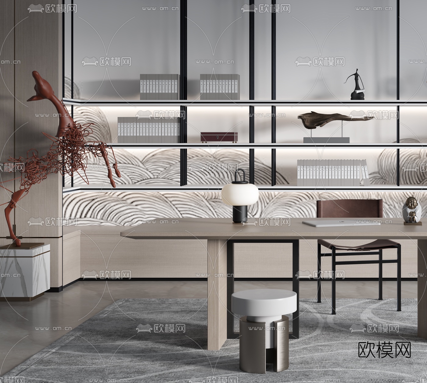 新中式实木书桌椅3d模型下载（渲染图2）