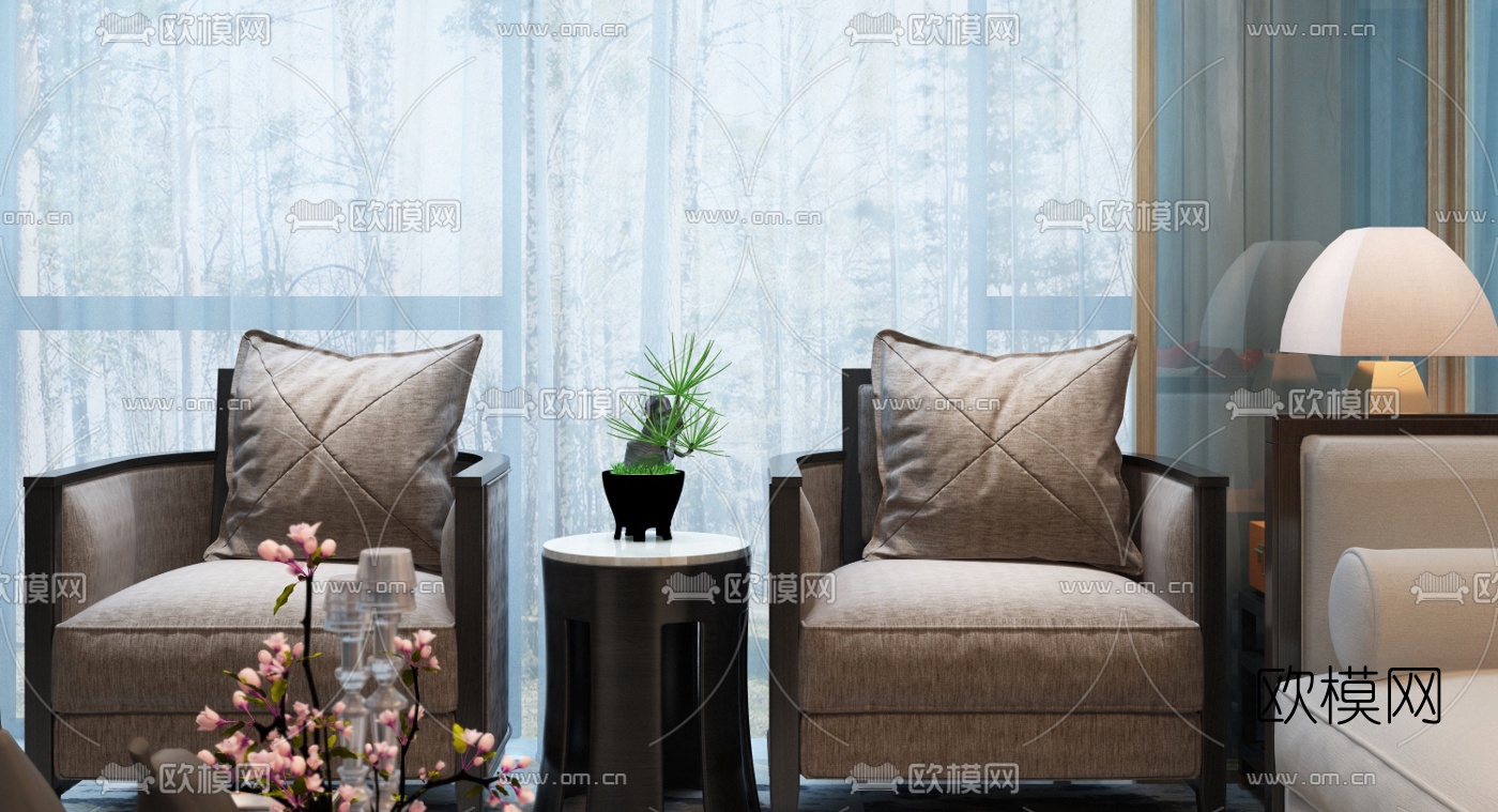 牧笛设计 中式客厅沙发组合3D模型下载（渲染图2）