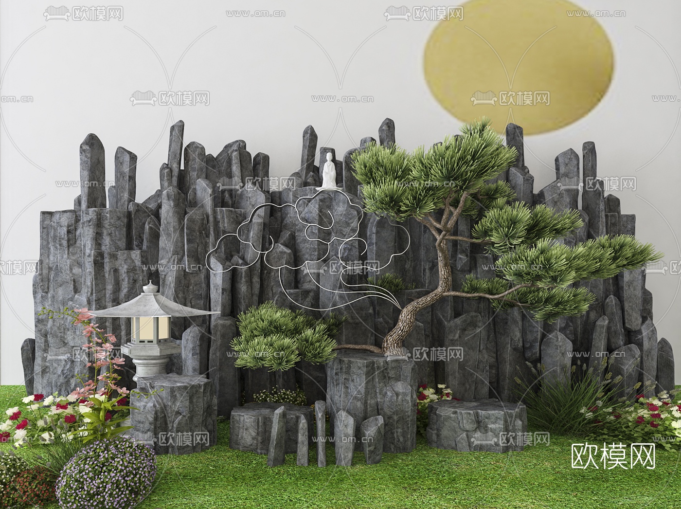 现代假山绿植景观小品3d模型下载