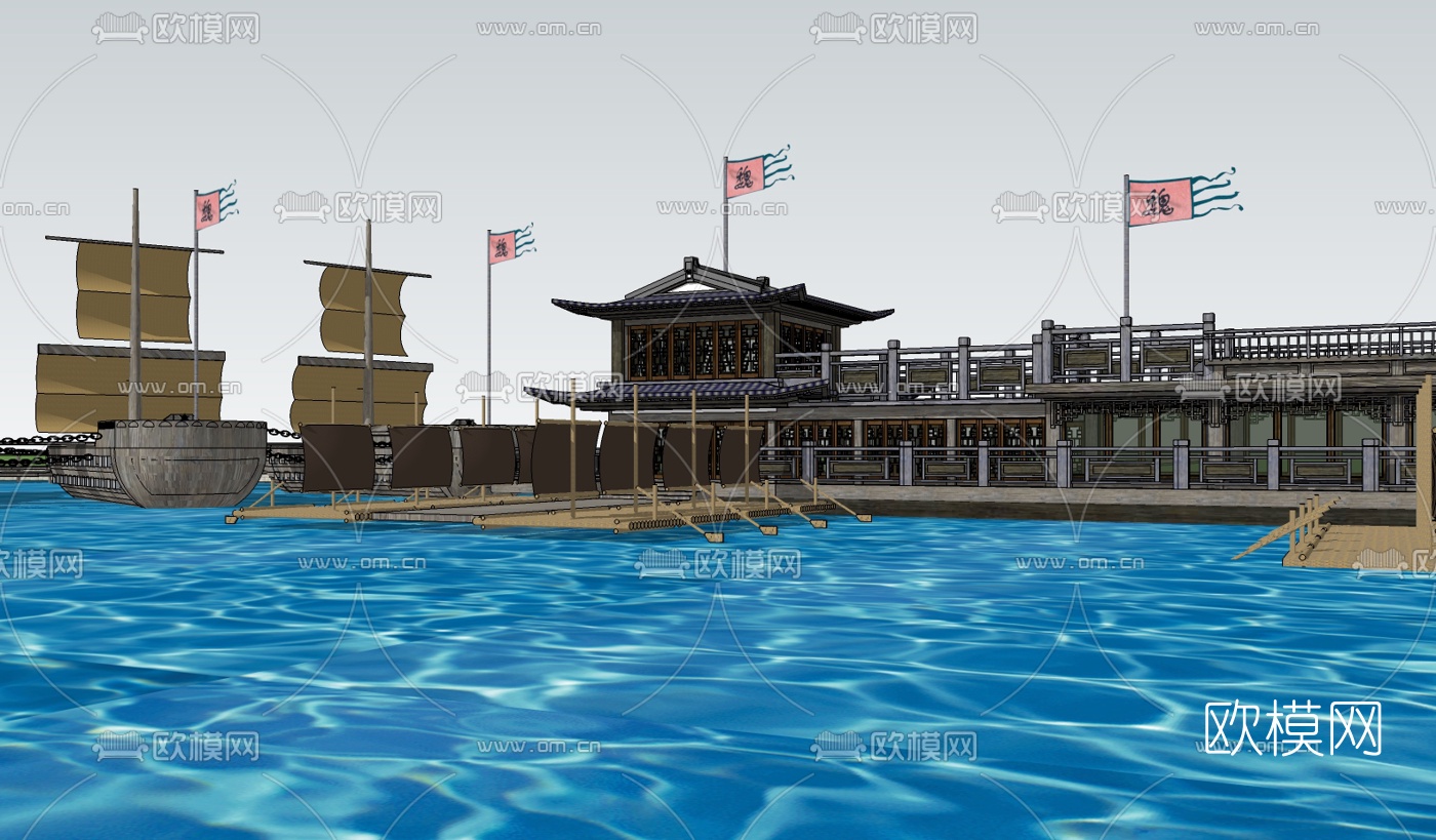 中式古建水寨su模型下载（渲染图1）