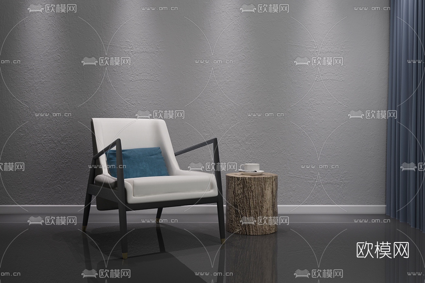 新中式布艺休闲椅木桩边几组合3D模型