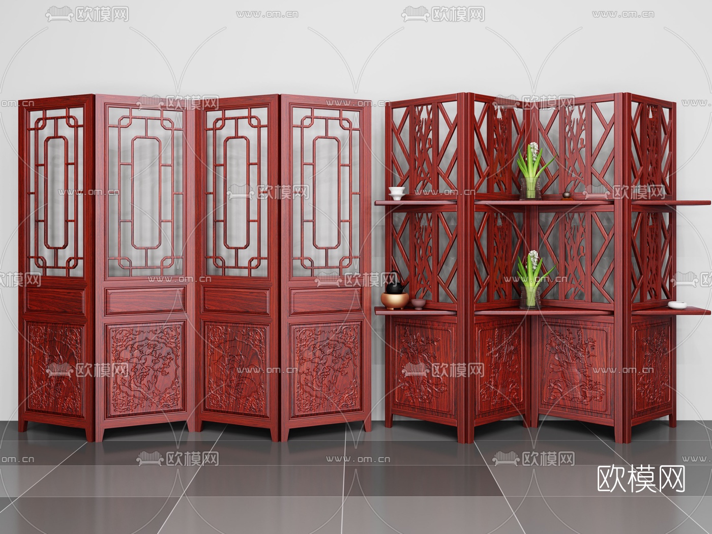 中式隔断屏风组合3d模型下载