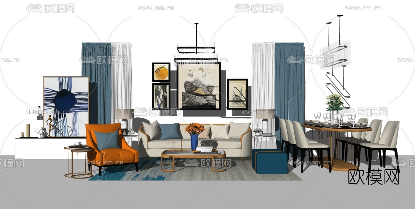 现代轻奢沙发组合su模型下载（渲染图1）