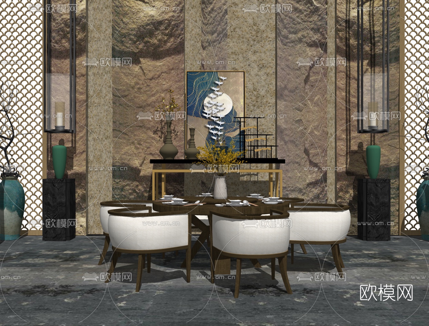 新中式轻奢餐桌椅su模型下载（渲染图2）