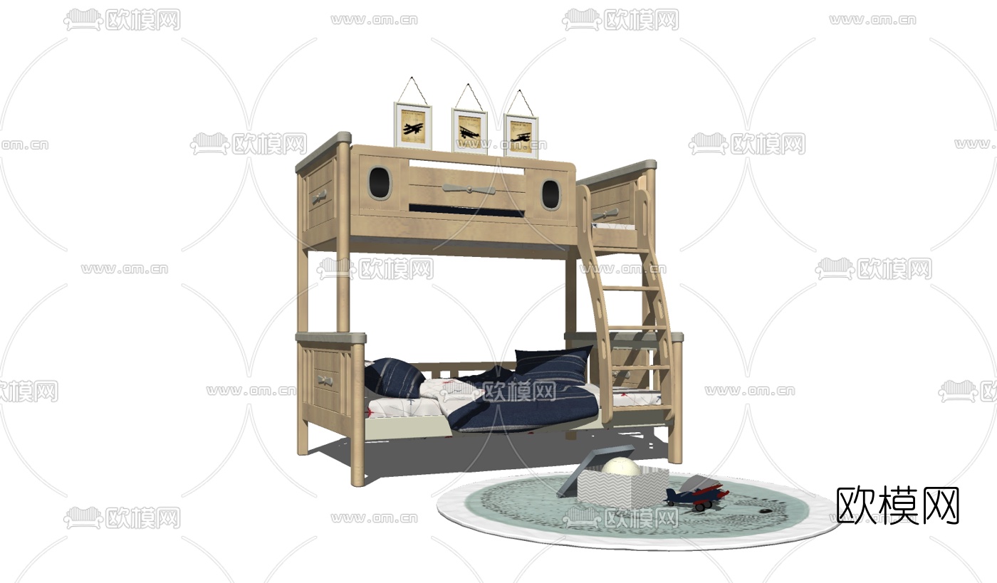 北欧实木儿童高低床su模型下载（渲染图2）