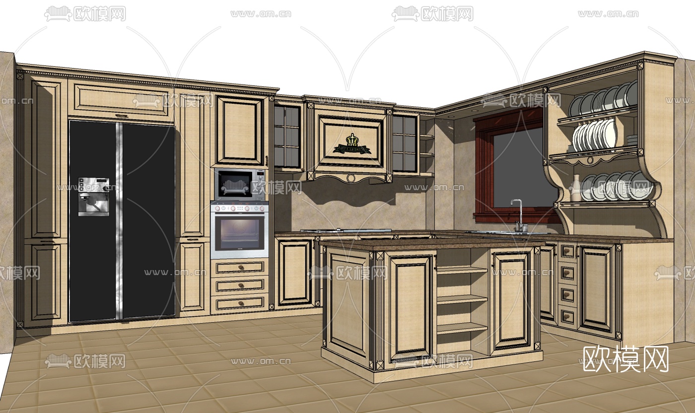 美式橱柜免费su模型下载（渲染图1）