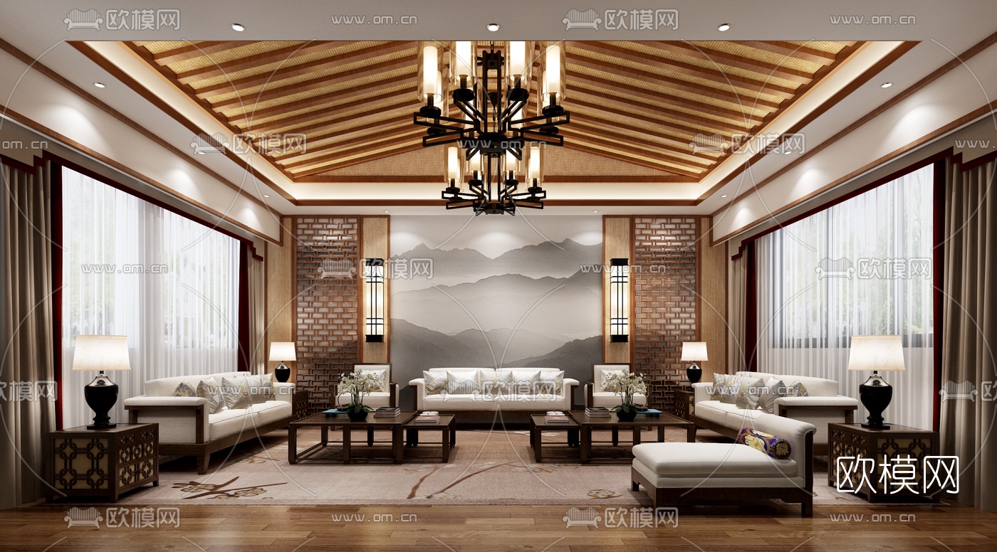 新中式会所会客厅3D模型下载_ID10395103_3dmax免费模型-欧模网