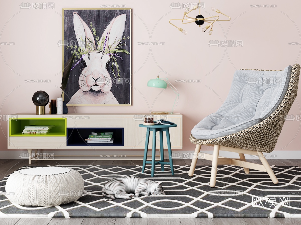 北欧电视柜休闲椅装饰画组合3D模型下载