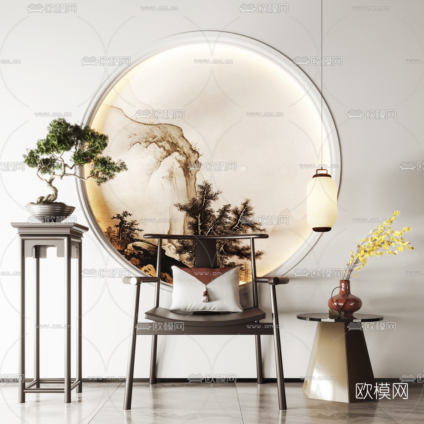 新中式圈椅单椅边几3d模型