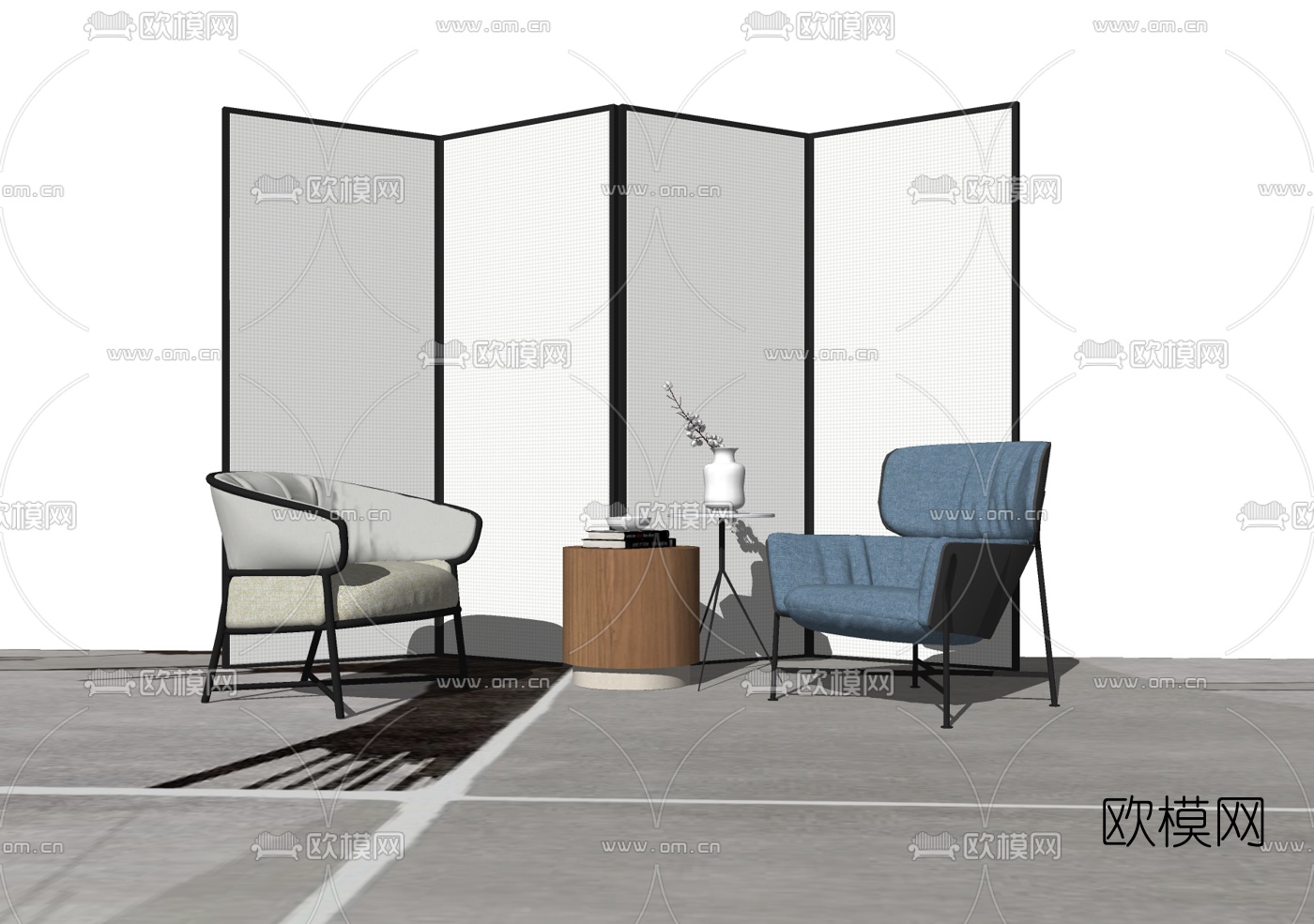 新中式布艺单人沙发su模型下载（渲染图2）