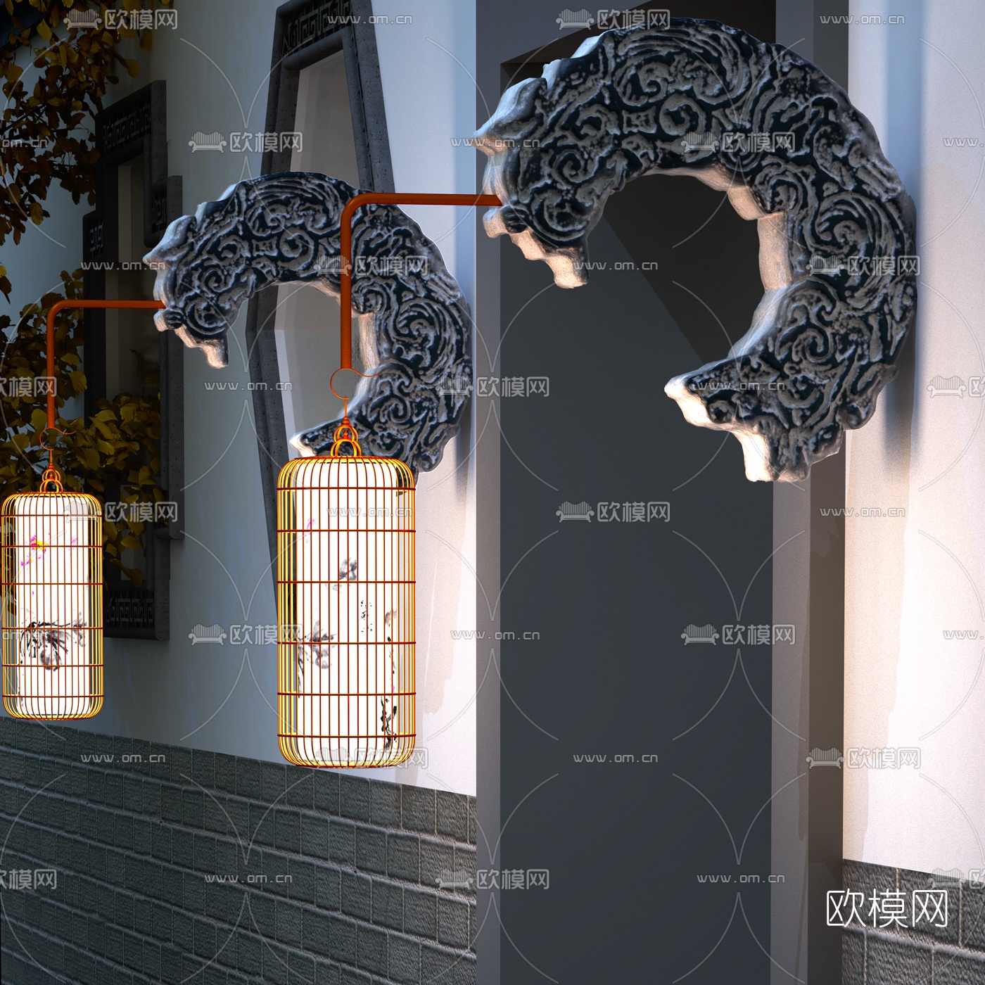新中式灯笼壁灯3d模型下载（渲染图1）