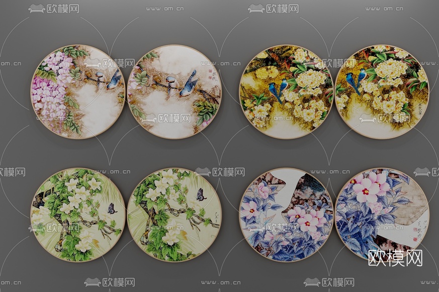 新中式花鸟挂画装饰画3D模型下载