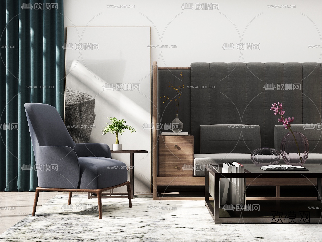 新中式沙发茶几摆件组合3D模型下载（渲染图1）