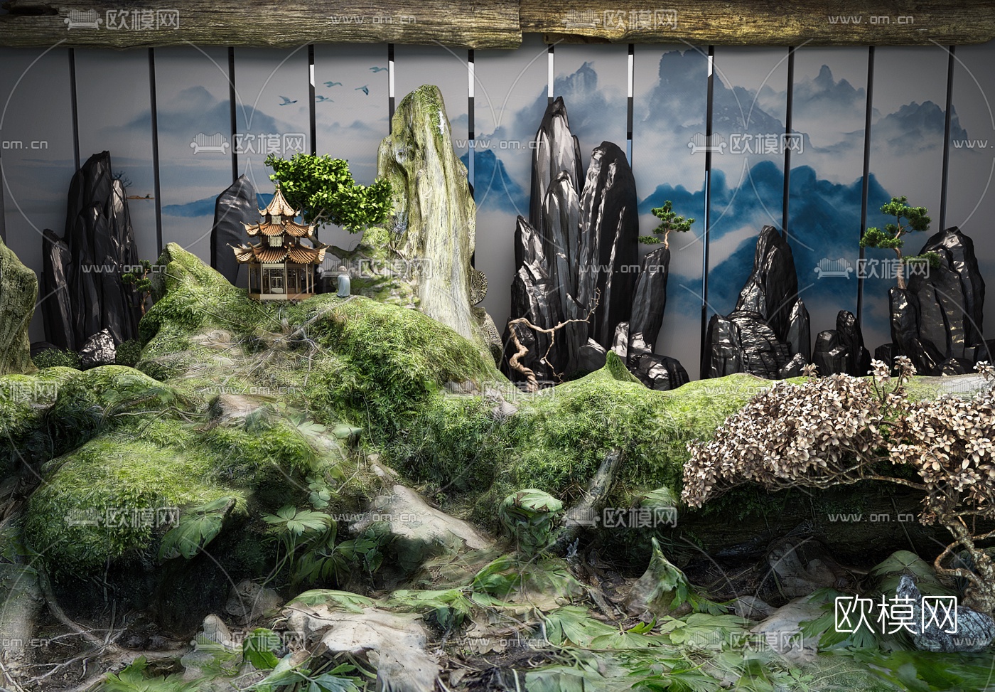 中式假山凉亭景观小品3d模型