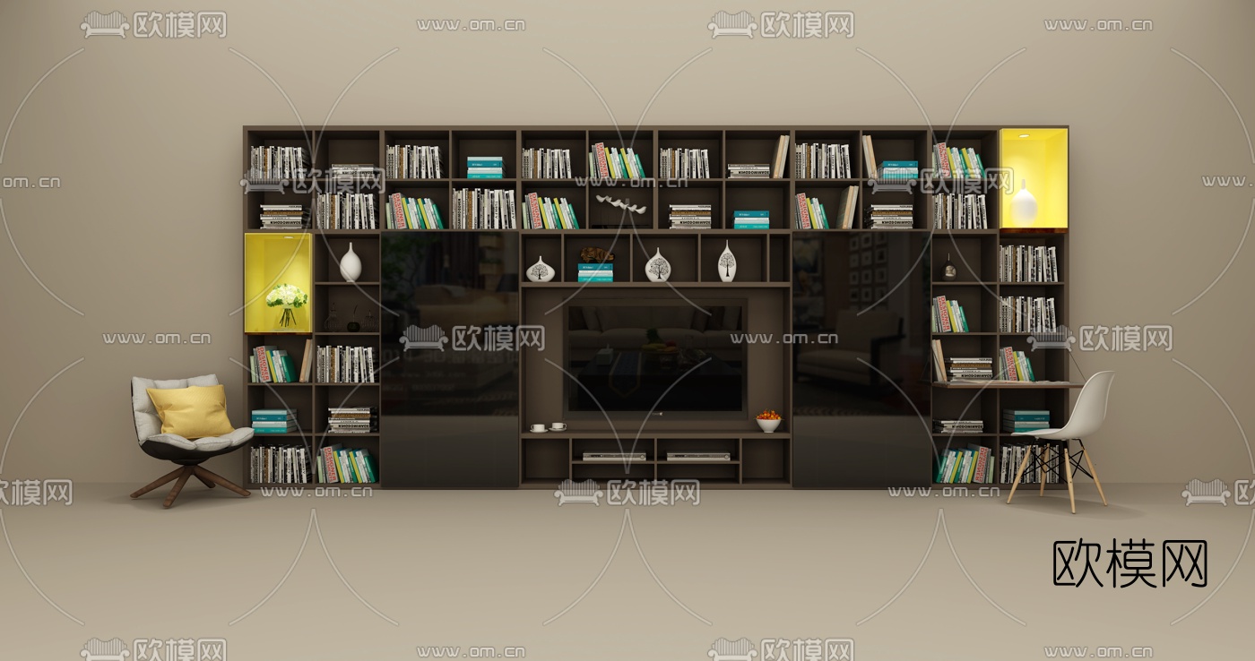 现代实木书柜休闲椅3D模型-免费3dmax模型库-欧模网