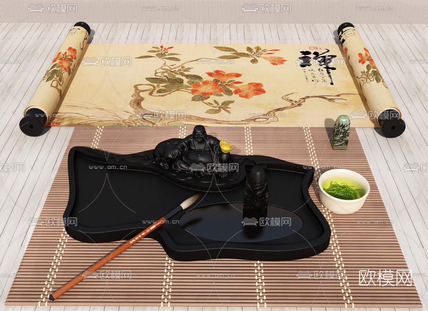 现代文房四宝笔墨纸砚3d模型下载